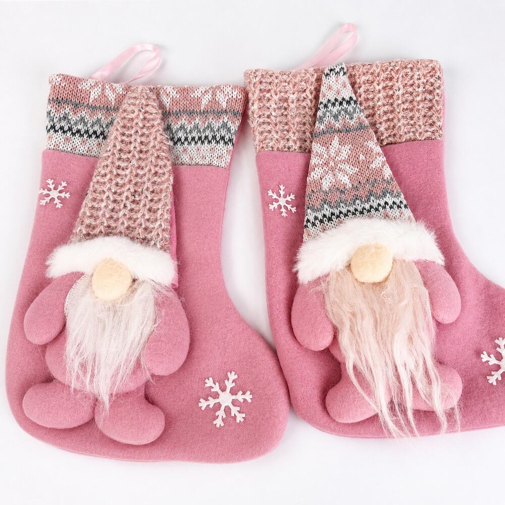 Pink Gnome Christmas Stockings Set 9in Felt Type Glitter Snowflake Holiday Decor